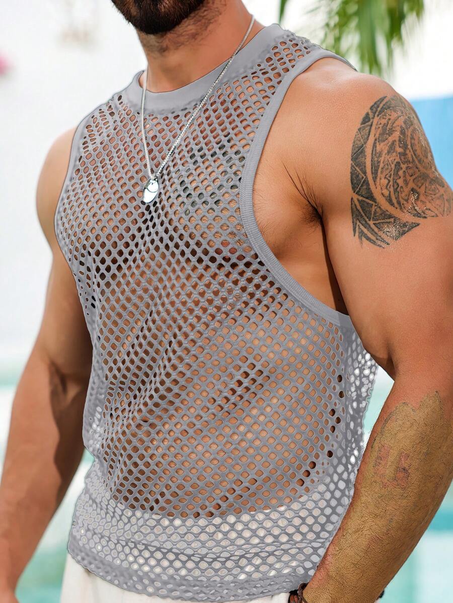 Genlund 男士夏季網眼圓領休閒背心,透視魚網罩衫,沙灘健身度假背心 - 灰色 - 查看 1