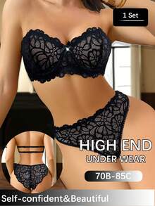 Conjunto de lencería sexy con sujetador con aros y calzones de encaje y parches para mujer - Negro - Ver 5