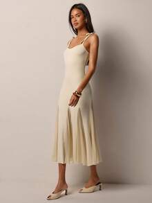 COSMINA Đầm midi nữ màu mơ trơn, dây buộc, phối vạt chéo, kiểu dáng thanh lịch cổ điển, thích hợp cho đám cưới, tiệc tùng, kỳ nghỉ, họp mặt, hẹn hò, phong cách tối giản. - Màu be - Xem 3