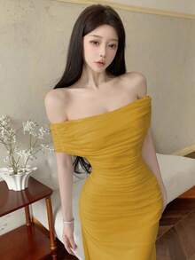 Modelyn 女士露肩褶皱腰身优雅婚礼/场合礼服 - 芥末黃 - 查看 7