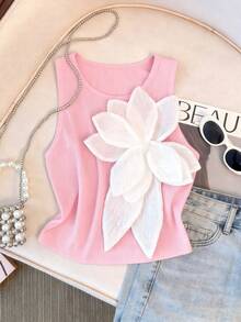 Franclia Women's Fashion Casual Large Floral Print Fitted Tank Top - Pink - View 3