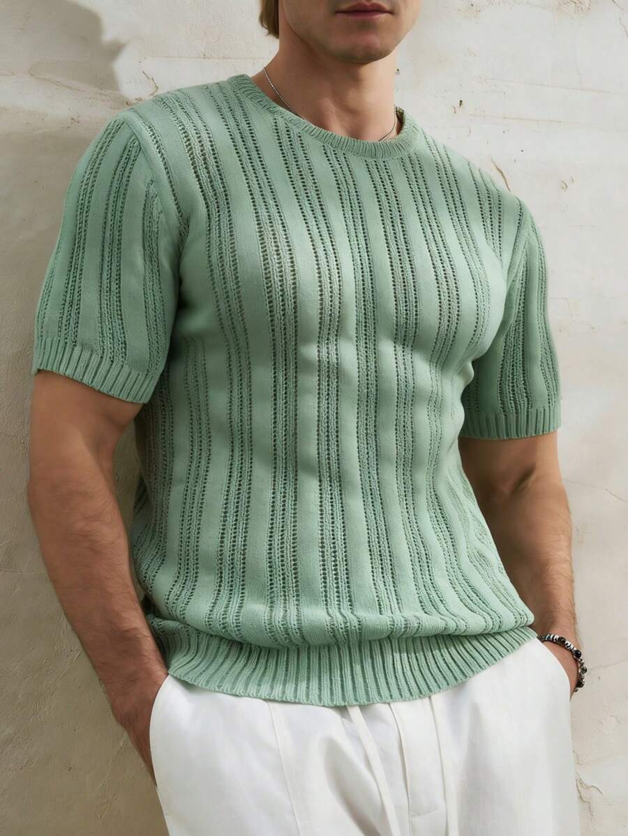 Manfinity Dauomo Hollow Out Round Neck Short Sleeve Casual Sweater, Summer New Arrival - Army Green - View 1