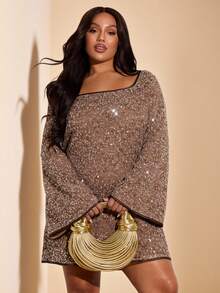 SHEIN BAE Đầm cỡ lớn dành cho nữ, màu kaki, cổ vuông, đính sequin. - Màu Khaki - Xem 7