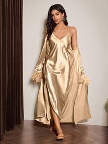 Elegant Women's Nightgown Set, Feather Detailed Soft & Flowing Feather Belt, 2pcs Loungewear & Robe Set,Wedding Bride And Bridesmaid Pajama Sets - Champagne - View 1