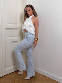 Jeta Ari 2025新款优雅法式蓝格子弹力粗花呢设计收腰修身珍珠纽扣松紧腰喇叭裤休闲百搭金属线假日秋季女裤 - 藍白色 - 查看 4