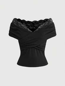 ROMWE French Off-Shoulder V-Neck Lace Patchwork Ruched Women Top - Black - View 1