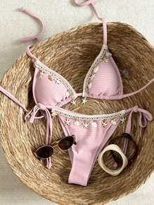 Swim Vcay 女士度假拼布编织肩带贝壳装饰纹理面料系带比基尼套装 - 粉色 - 查看 1