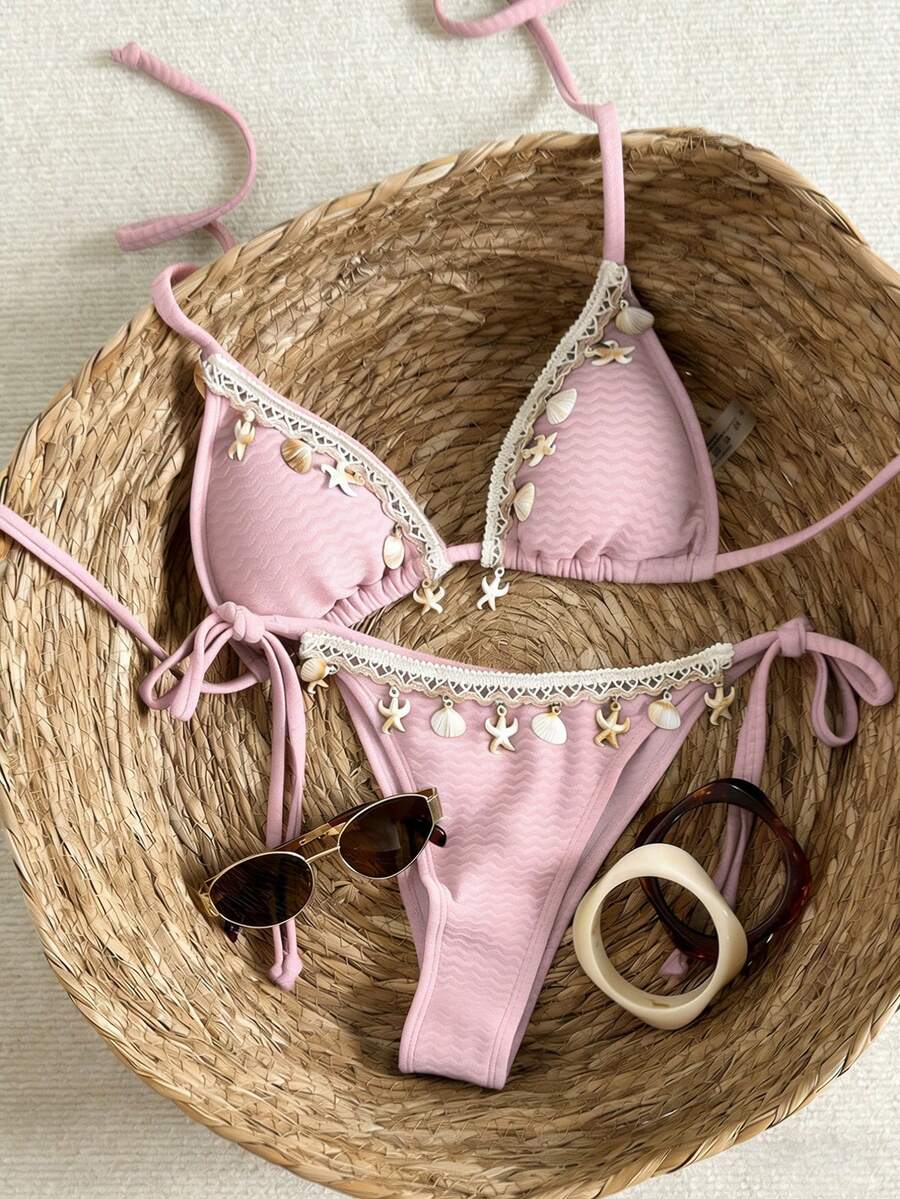 Swim Vcay 女士度假拼布编织肩带贝壳装饰纹理面料系带比基尼套装 - 粉色 - 查看 1