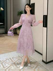 DAZY Elegant Lace V-Neck Women's Lace Dress, Suitable For Wedding Guest Attire In Spring Summer - Mauve Purple - View 5