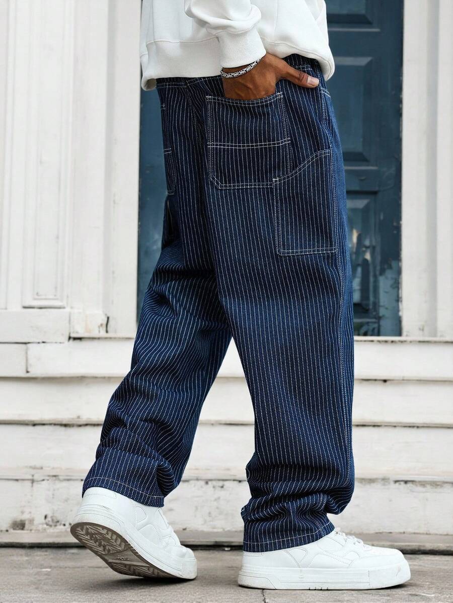 GALLERY FADE 男士休闲竖条纹多口袋牛仔裤，街头时尚 - 深色水洗藍 - 查看 1