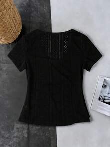 EMERY ROSE Áo thun nữ tay ngắn cổ chữ V, màu trơn, có nhún bèo, dáng ôm, phong cách thường ngày. - màu đen - Xem 2