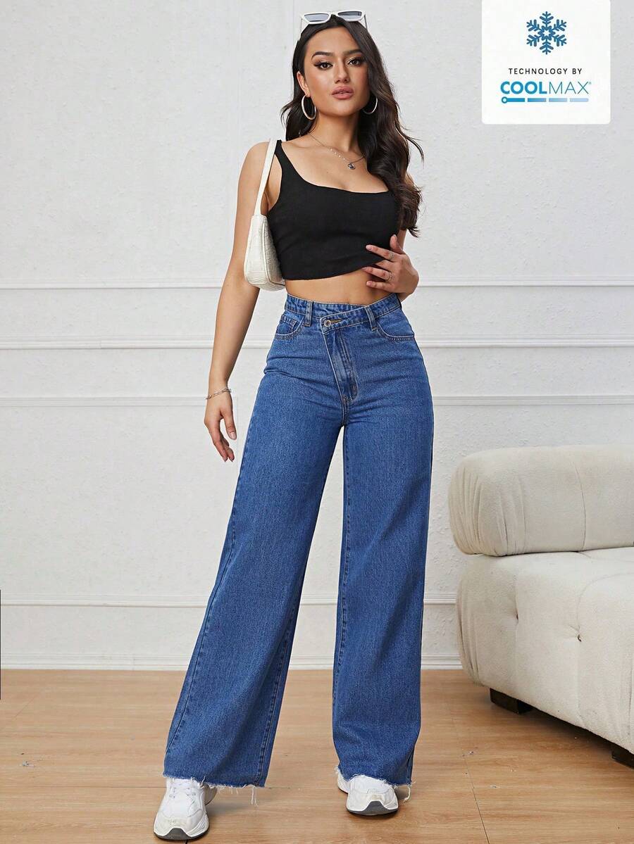 SHEIN PETITE Casual Washed Asymmetric Waist Straight Leg Jeans - Medium Wash - View 1