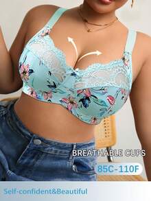 DesireSculpt 1pc Plus Size Lace Patchwork Wireless Bra - Multicolor - View 4