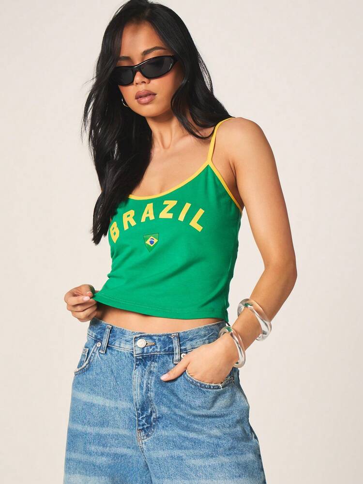 MISSGUIDED Brazilian Flag Inspired Cami Tank Top With BRAZIL Text Print Summer Vacation Beach Spaghetti Strap Sleeveless Top Patriotic Festival Crop Style