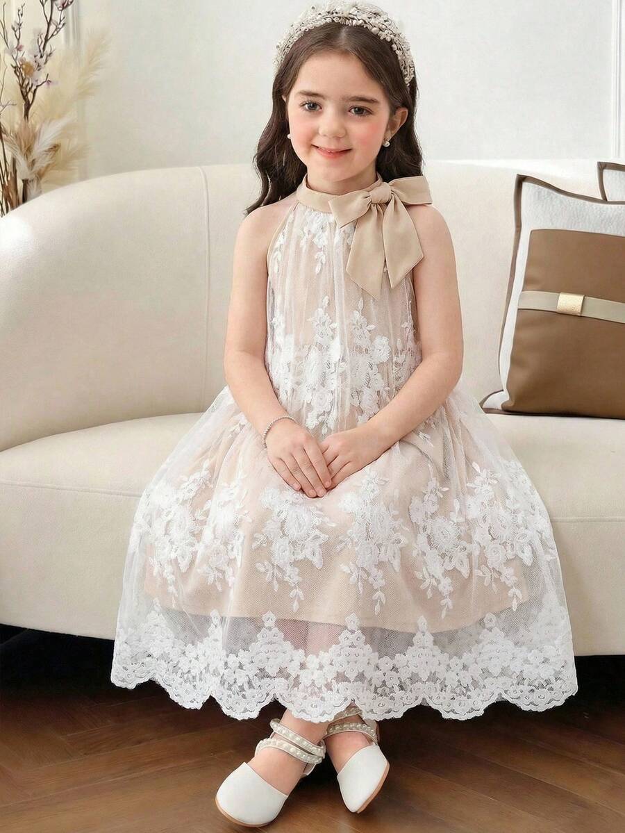 SHEIN Đầm dự tiệc hai lớp voan xếp lớp trang trí nơ cho bé gái - Nhiều màu - Xem 1