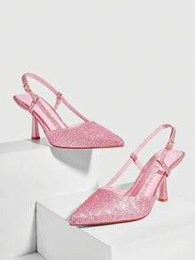 CUCCOO SZL 女士时尚水钻装饰后跟带高跟鞋，圣诞节必备 - 粉色格利特 - 查看 2