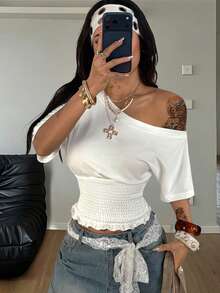 Coolane 女士春夏极简主义Y2K时尚基础日常休闲返校街头风夏季度假弹力收腰宽松长袖露脐T恤，白色上衣 - 白色 - 查看 1