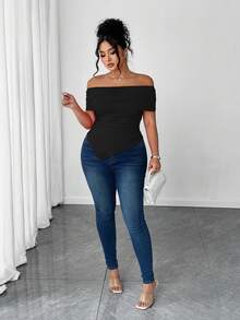 Elenzga Áo thun trễ vai thanh lịch, viền bất đối xứng, bo eo cỡ lớn dành cho nữ Áo trễ vai Áo trễ vai màu đen dành cho nữ Áo trễ vai cỡ lớn - màu đen - Xem 3