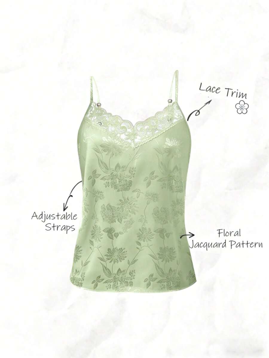 RosyDaze Floral Jacquard Contrast Lace Satin Cami Top Graphic Tees Women Tops - Green - View 1