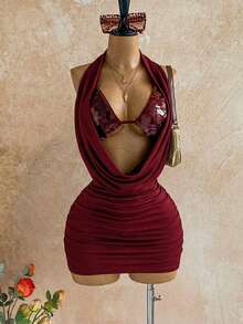 Soleia Women's Solid Color Sequin Halter Tie Ruched Sexy Mini Dress For Dates & Parties ,Summer Dress - Burgundy - View 3