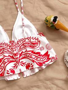 Soleia Women's Vacation Bird Print Tie Front Camisole And Shorts 2 Pieces Set - Red and White - View 4