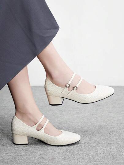 CUCCOO BIZCHIC Solid Color Simple And Versatile Thick Heel Low Vamp Shoes Women, Summer New Mary Jane Fashion Round Toe Double Word Buckle Commuter Women's Shoes
