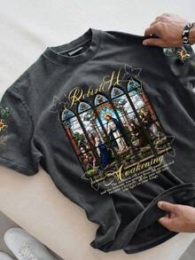 Manfinity EZcore T-shirt ample décontracté pour hommes grande taille, imprimé slogan Jésus, épaules tombantes, lavé, style mode de rue, pour l'été - Noir - Voir 1