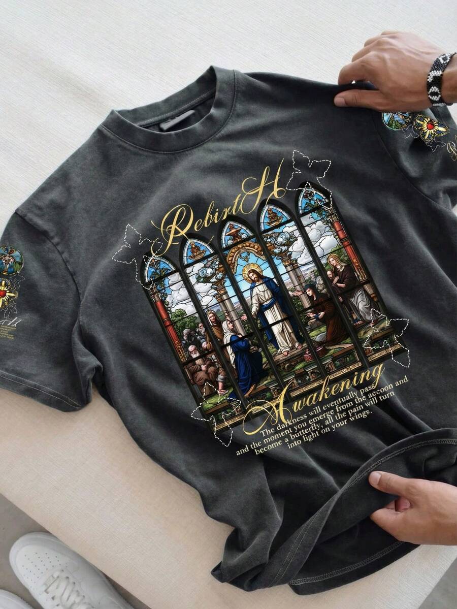 Manfinity EZcore T-shirt ample décontracté pour hommes grande taille, imprimé slogan Jésus, épaules tombantes, lavé, style mode de rue, pour l'été - Noir - Voir 1