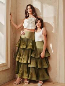 Anewsta Tween Girl Spring/Summer New Multilayer Ruffle Pleated Maxi Skirt - Army Green - View 7