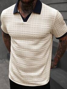 Manfinity CasualCool Men's Casual Textured Trim Short Sleeve Polo Shirt, Summer - Khaki - View 6