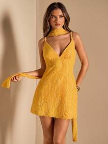 SHEIN BAE Solid Yellow V-Neck A-Line Mini Dress, Yellow Dress, Lace Dress, Elegant Dress, Vacation Dress, Bridesmaid Mini Dress, Birthday Party Dress, Back To School/Graduation Dress - Yellow - View 2