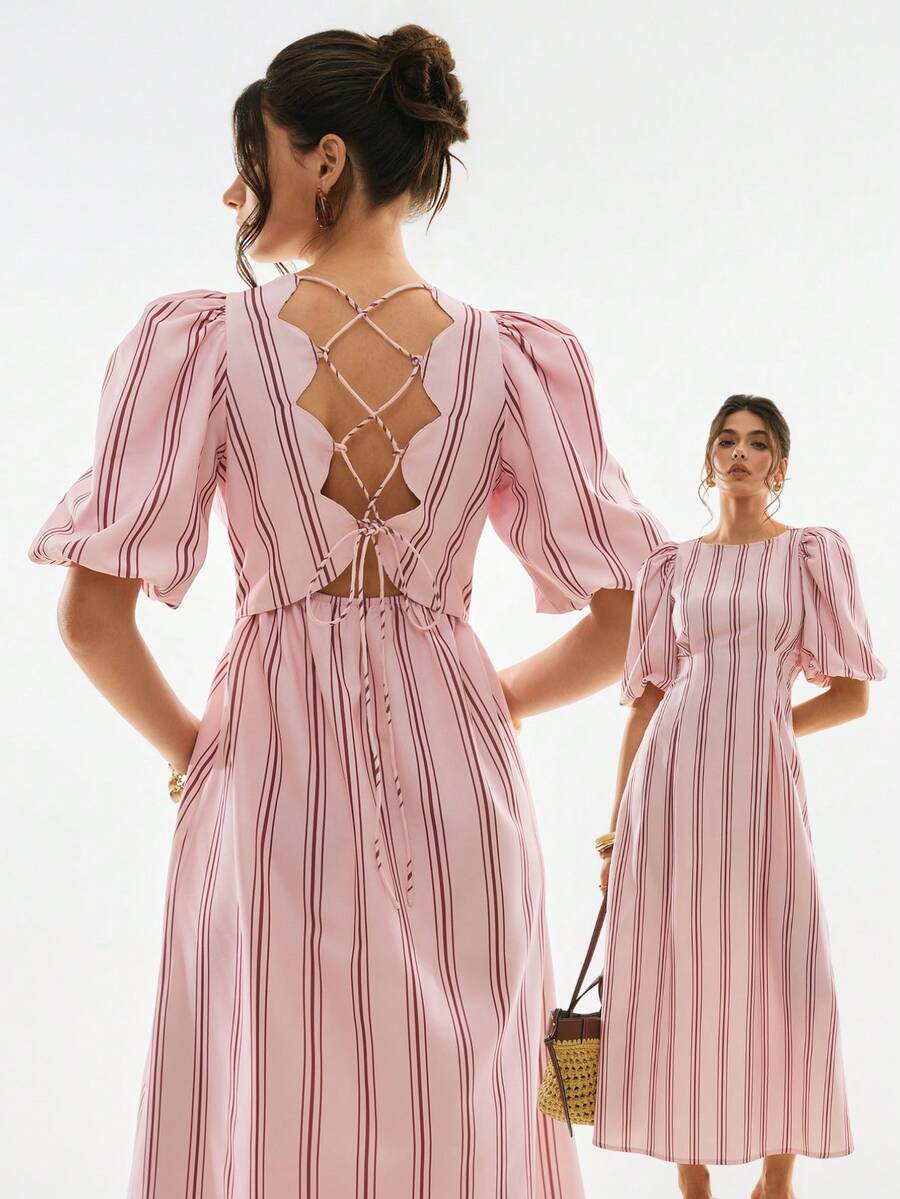 Poéselle 女款粉色條紋花瓣袖露背綁帶優雅浪漫洋裝,適合夏季度假、鄉村風休閒穿搭、週末穿著 - 粉色 - 查看 1
