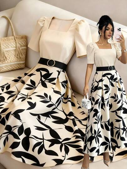 GlowEve 女士花卉植物印花拼接设计收腰A字连衣裙，优雅迷人，适合度假、通勤、音乐节、波西米亚风、法国里维埃拉风情、海滩、约会、复古风等多种场合，杏色和黑色搭配，中长款，是春夏新款。