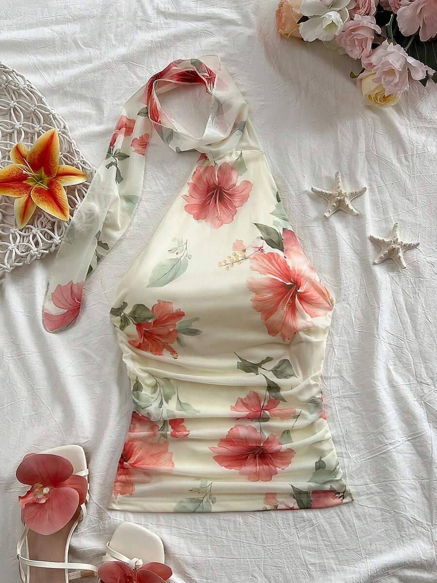 Sunnyshic 2026 Spring/Summer New Arrival Printed Elegant Pleated Fitted Blouse - Multicolor - View 1