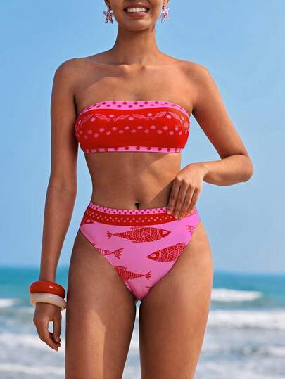 Travachic Women's Sexy Floral & Fish Print Contrast Color Backless Tie-Front Bandeau Bikini Set, Suitable For Beach & Holiday