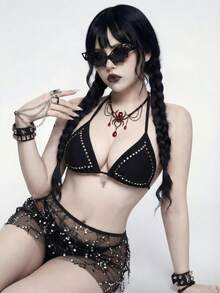 ROMWE Goth Women's Summer Beach Rivet Design Halter Tie Sexy Bikini Set With Sequin Cover-Up And Mini Skirt - Black - View 1