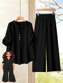 Rusticease Plus Size Women's Casual Minimalist Resort Style Black Top And Black Pants 2 Pieces Set, Suitable For Summer To Early Autumn,Spring/Vacation - Multicolor - View 1