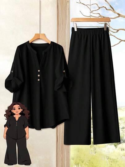 Rusticease Plus Size Women's Casual Minimalist Resort Style Black Top And Black Pants 2 Pieces Set, Suitable For Summer To Early Autumn,Spring/Vacation