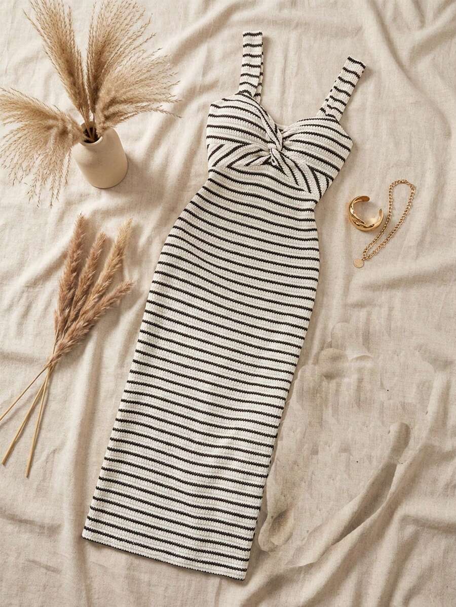 SHEIN Tall 女士休闲条纹连衣裙 秋季穿搭 女士条纹无袖中长连衣裙 条纹连衣裙 夏季连衣裙