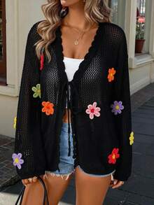 Elenzga Plus Size Women's Solid Color Knitted V-Neck Hollow Flower Decor Long Sleeve Lightweight Casual Cardigan, Elegant For Vacation/Spring/Summer, Breathable Fall Winter Cloth For Women Autumn - Black - View 1