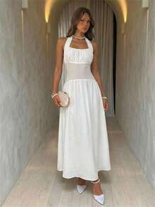 Aloruh Robe de plage, de vacances ou de rendez-vous élégante pour femmes, en tissu texturé blanc, avec un col ras-du-cou froncé et une taille attachée - Blanc - Voir 10