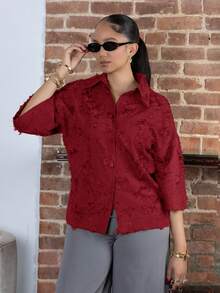 Melissa Matos 3/4 Sleeve Olive Green Shirt, Simple Cut, Loose Fit, Classic Collar, Comfortable To Wear - Red - View 4