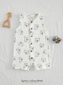 Cozy Pixies 男婴卡通椰子树图案圆领无袖连体短裤，休闲百搭 - 彩色 - 查看 3