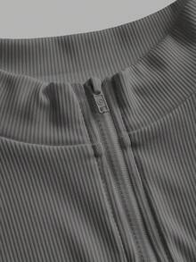 SHEIN Tall CURVE 加大码女士黑白两件套拉链高领连体衣套装，休闲长袖 - 灰色 - 查看 8