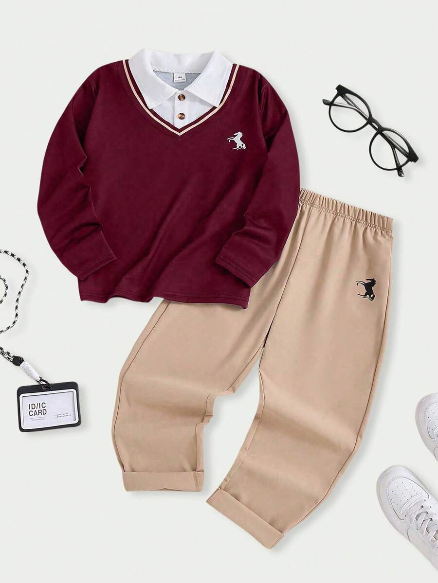 Casuvi Kids 2pcs/Set Older Boys' Navy Polo Collar 2 In 1 Embroidered Striped Preppy Style Top And Khaki Straight Leg Pants Set, Suitable For Daily, Retro Campus, Sports Streetwear, Back To School Outfit, Spring & Autumn Boys Casual Sets Boys Brown 2 Piece Set Casual Two Piece Set - Burgundy - View 1