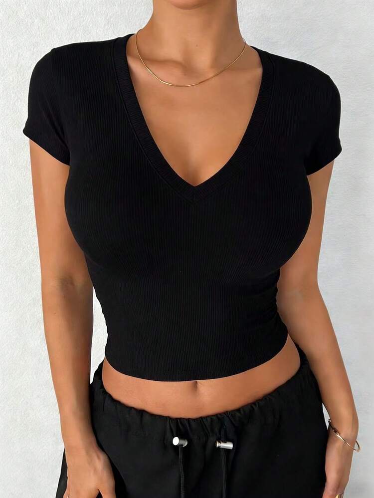 Women's V-Neck Short Sleeve Fitted Casual Street T-Shirt Crop Tops Women