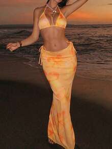 Swim SXY Bộ đồ bơi 3 mảnh Swim Vcay-D dành cho nữ: Áo croptop hai dây in họa tiết, quần bikini buộc dây bên hông và váy maxi dài đi biển, lý tưởng cho kỳ nghỉ hè. - Nhiều màu - Xem 1