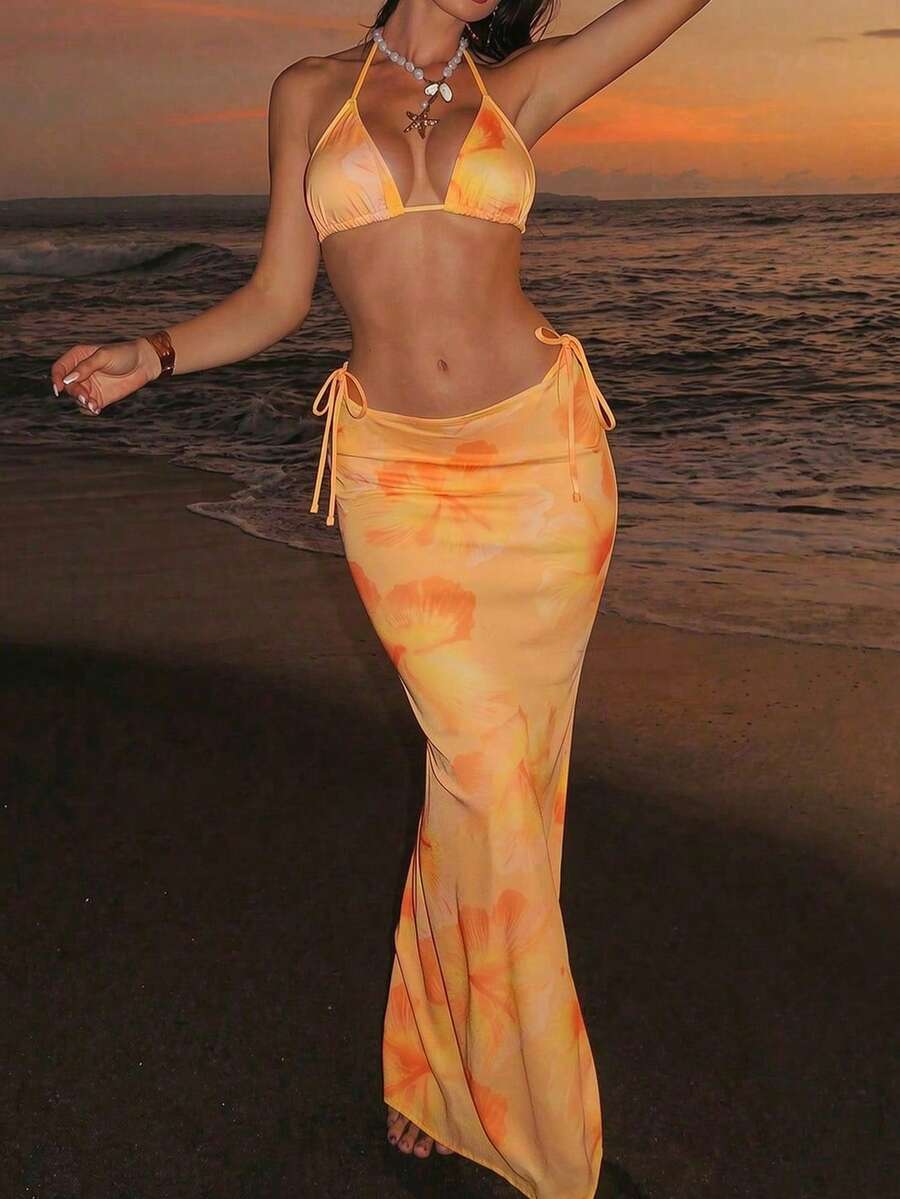 Swim SXY Bộ đồ bơi 3 mảnh Swim Vcay-D dành cho nữ: Áo croptop hai dây in họa tiết, quần bikini buộc dây bên hông và váy maxi dài đi biển, lý tưởng cho kỳ nghỉ hè. - Nhiều màu - Xem 1