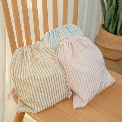 [Striped Storage Bag] 1pc Drawstring Bag - Charming Fabric Gift & Storage Pouch With Motif, Perfect For Jewelry, Cosmetics, Travel Essentials & Home Organization