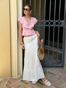 Serisse 女士V领褶皱休闲百搭日常衬衫 - 淺粉色 - 查看 6